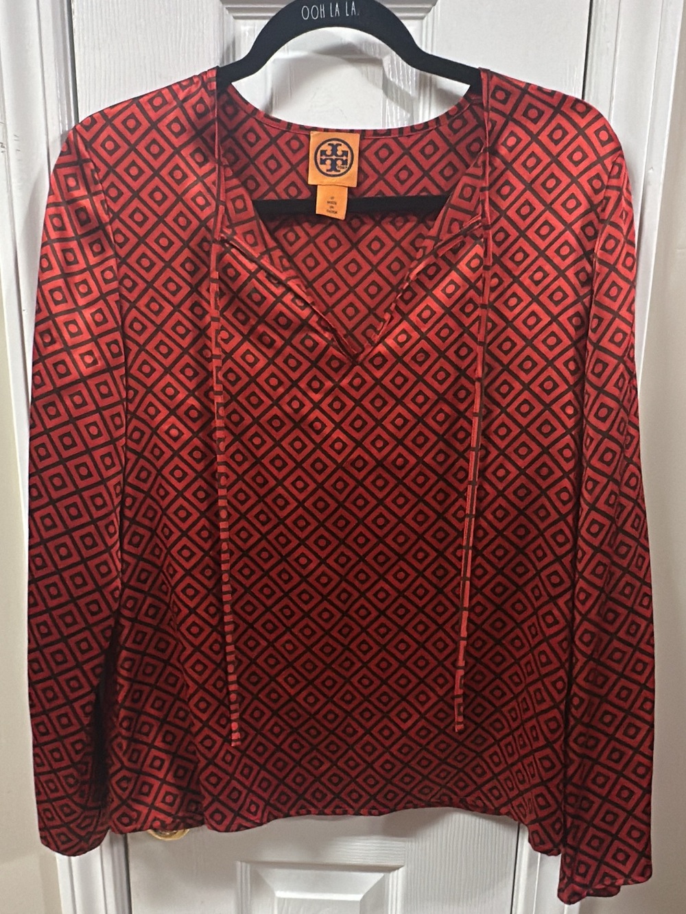 Tory Burch 100% SILK Red Geometric V-Neck Tie-Front Blouse pit-pit20 (mix51)